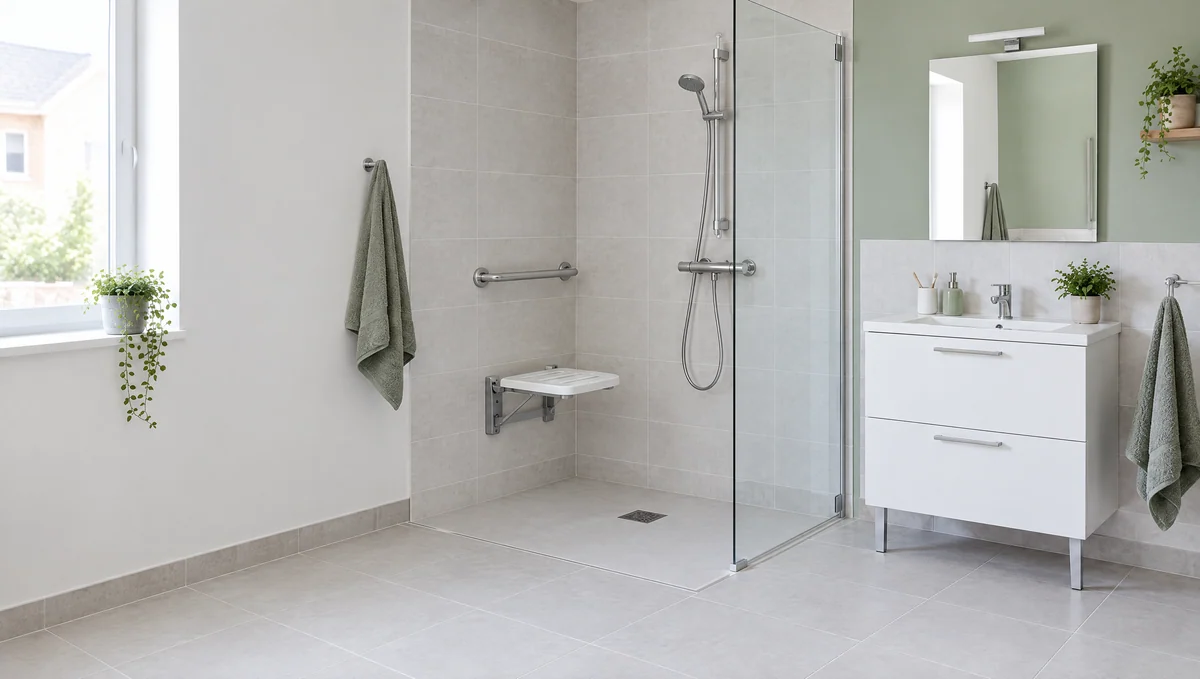 Exemple de douche avec accès dégagé, barre d’appui et siège repliable