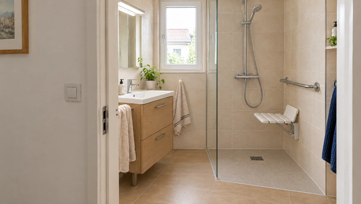 Une salle de bain compacte avec une douche de plain-pied, une barre d’appui et un siège mural